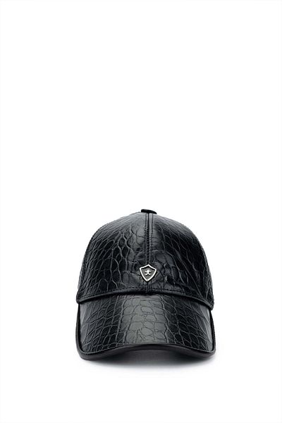 Tamer Tanca Men's Genuine Leather Black Crocodile Baseball Cap
