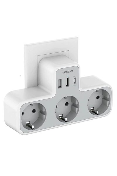 Choice قابس أوروبي Ts-323-c-gr شريط طاقة Tessan EU Plug مزود بـ 3 منافذ تيار متردد ومنفذي USB، أحدهما من النوع C، 6 بوصات