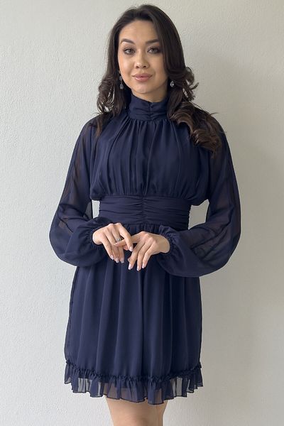 zks grup tekstil Women's Low-Cut Back Hem Ruffled Mini Chiffon Dress Black, Navy Blue