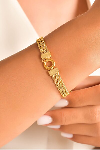 MOOM MÜCEVHERAT 14 Ayar Altın Bileklik Üç Sıra Halat Zincir Künye