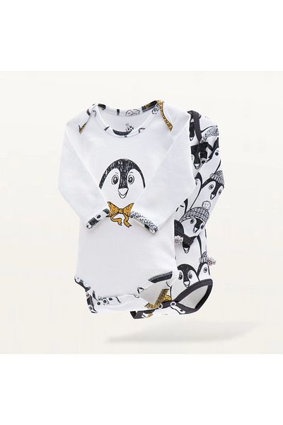 Ecocotton Pingu بدلة أطفال مكونة من قطعتين بأكمام طويلة 100% قطن عضوي ممشط مطبوع باللون الأبيض-أنثراسيت