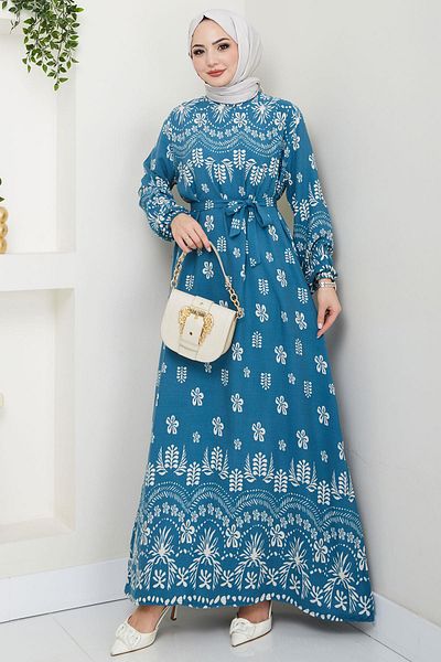 hafsamina Nevra Blue Nevra Patterned Summer Viscose Dress Hm2678
