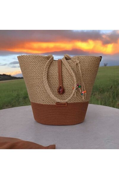 Hediyeninellitonu Ψάθινη Χειροποίητη Τσάντα Παραλίας - Casual Handle Design, Μεγάλη Τσάντα