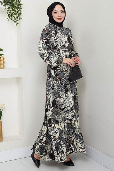 hafsamina Nare Leaf Patterned Viscose Dress Black Hm2682