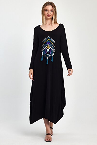 NUR TEKSTİL kadın siyah  pamuklu penye  uzun kol  nakış ileme  İki Yanlar Cepli Etnik  Şalvar görünümlü   Elbise