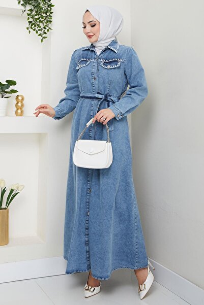 hafsamina Μπλε Κέντημα Ζωντανό Τζιν Φόρεμα με Κουμπί HM2669