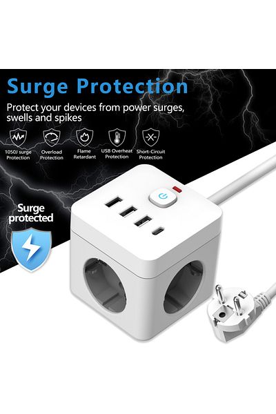 RNG 1.5M WHITE 7-in-1 EU Power Strip, Power Strip Surge Protector, 3 AC Outlets 3 USB 1 Type-C, Desktop