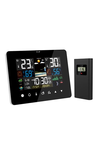 meterk Black Weather Station Alarm Clock Thermometer Hygrometer Touch Screen Wireless Sensor Sunrise Sunset
