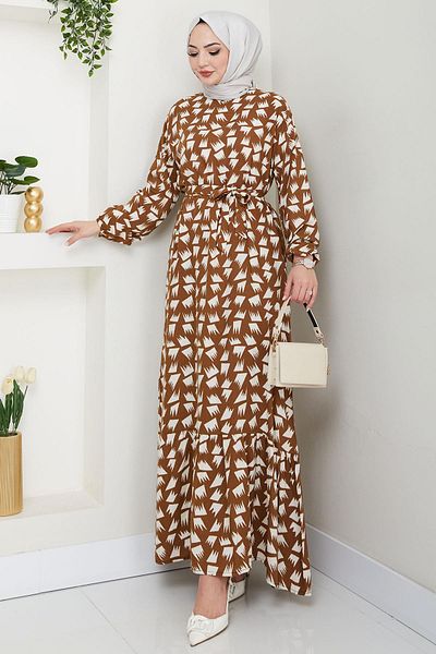 hafsamina Merve Patterned Summer Viscose Dress Tan Hm2681