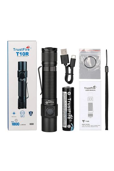 TrustFire 18650 Fixed Focus Black Changeable T10r Tactical Flashlight 1800lumen Powerful Type C Usb