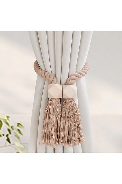 Choice 1 PCS Brown Hand-woven solid wood cubic knot curtain tiebacks with magnetic clasps, suitable for liv
