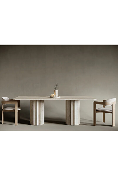 MIARIK DESIGN Albertdikdort-Traverten Mermer 2 Sütun Ayaklı Yemek Masası