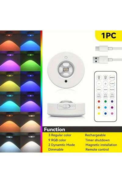 Pzsunly 1pcs Rgb 12 Color Night Light Wireless Remote Control Type-c Rechargeable Light Powered Cabinet Ligh