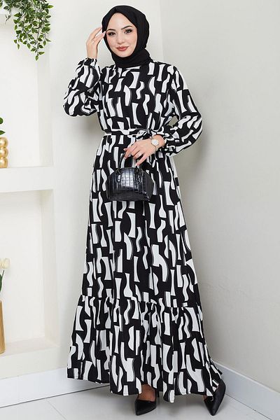 hafsamina Greenhouse Patterned Viscose Dress - Black Model Hm2686