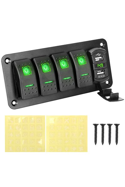 Choice green Digital Voltmeter 4 Gang Toggle Rocker Switch Waterproof 12V/24V Dual USB Port For Car Marine