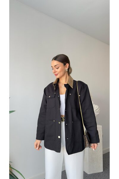 QİMYA BUTİK Keyymod Kadın Kadife Yakalı Gabardin Kumaş Kısa Ceket Trenç