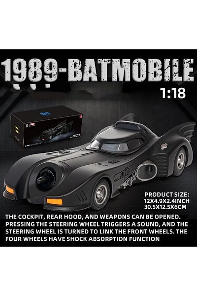 XMD black 1:18 1989 Batmobile Die-cast Car with Batman Figure, Toys for Kids and Adults , Black
