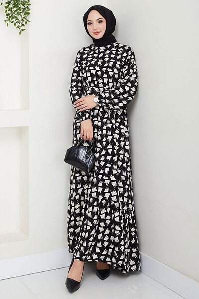 hafsamina Merve Patterned Summer Viscose Dress Black Hm2681