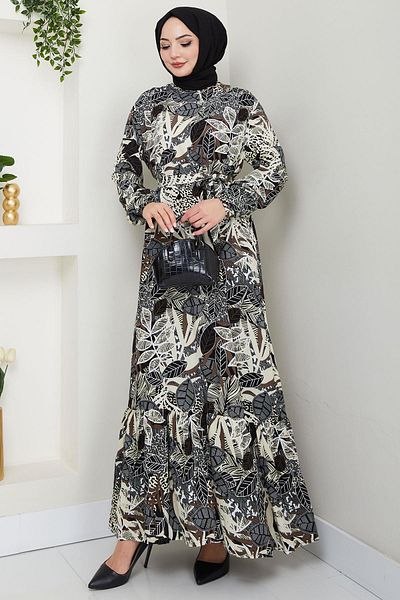 hafsamina Nare Leaf Patterned Viscose Dress Black Hm2682