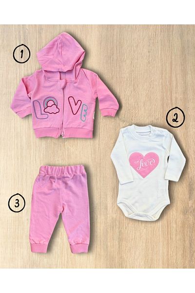MODA Pink Hooded Snap Fastener Body + 3-Piece Tracksuit Set - High Quality and Exclusive Domestic Production