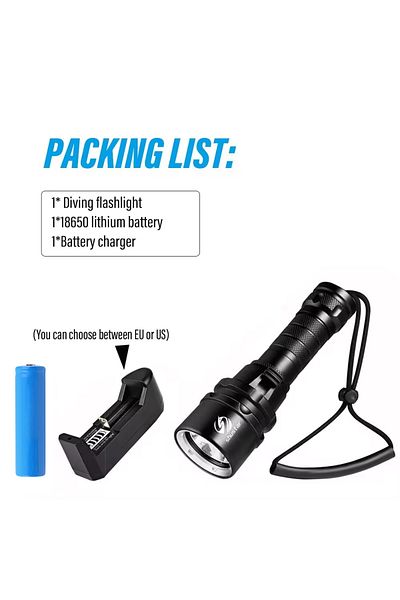 Choice EU Plug Package List High Power Diving Flashlight IP68 Highest Waterproof Rating Professional Diving