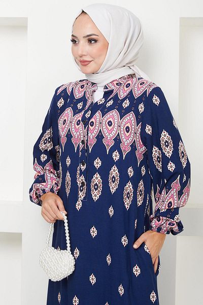 hafsamina Φόρεμα Navy Blue Viscose - με κουμπιά Sare, HM2502