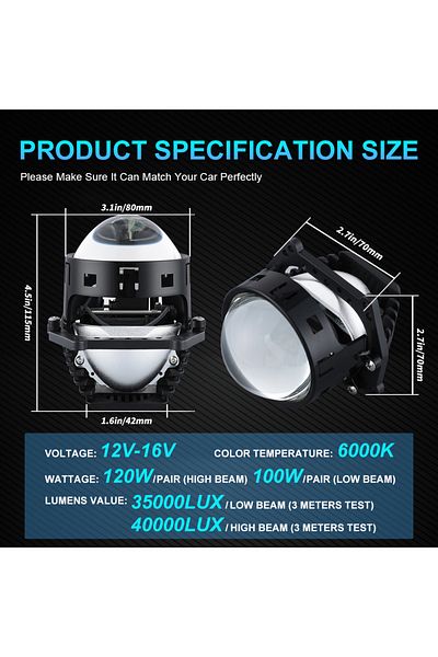 NLpearl 120W 2pcs NLpearl 3.0inch Bi LED Car Projector Lens Headlights Halo Lights For H4 H7 9005 9006 100W