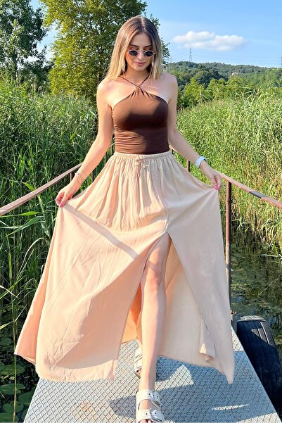 Madmext Bej Beli Lastikli Yırtmaçlı Uzun Kadın Etek MG2062