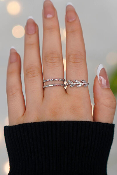 TREND COLLECTİON Taşlı Ayarlanabilir Zarif 2'li Gümüş Kadın Yüzük