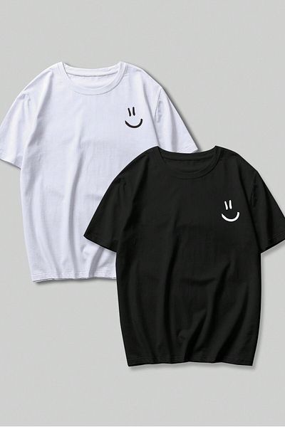 MODAGEN Μπλουζάκι Unisex Black White Crew Neck Smile με στάμπα 2 τεμαχίων