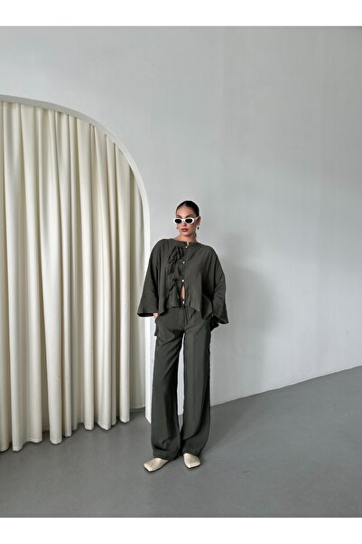 Laluvia Haki Yarasa Kol Bağcık Düğme Detaylı Takım - 9002