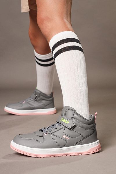 Jump 27758 Velcro High Top Gray - Salmon Pink Girl's Sneaker Casual Sneakers