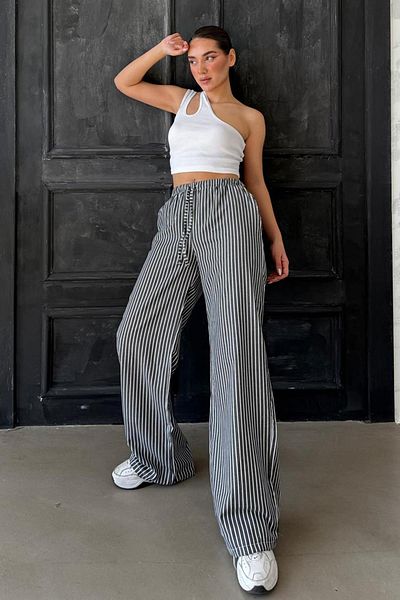 Madmext Black Adjustable Waist Striped Pocket Wide Leg Women's Trousers Mg2312