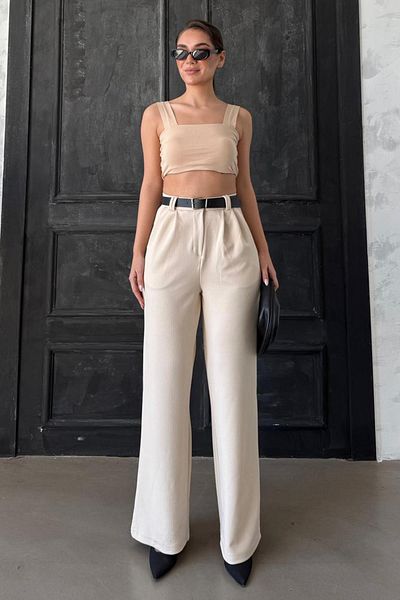 Madmext Light Beige Double Pleated Belted Trousers Mg2330