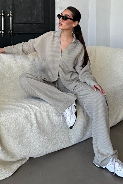 Madmext Painted Gray Long Sleeve Striped Awakening Shirt and Pants Suit Mg2329