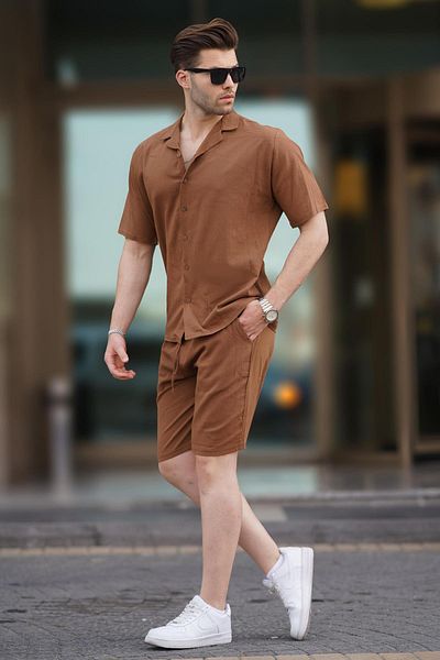 Madmext Sada pánské košile a šortek 5956 - Camel