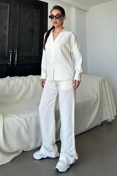 Madmext Ecru Long Sleeve Stripe Shirt and Pants Double Set Mg2329
