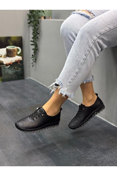 DİVA Black Leather Elastic Orthopedic Women's Casual Shoes
