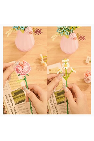 Home Dekoratif ve hediyelik 309 parça pembe vazolu çiçek blok yapım seti - vazo pakete dahildir