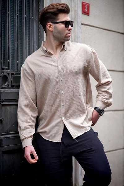Madmext Μπεζ μακρυμάνικο oversize ανδρικό πουκάμισο 6735