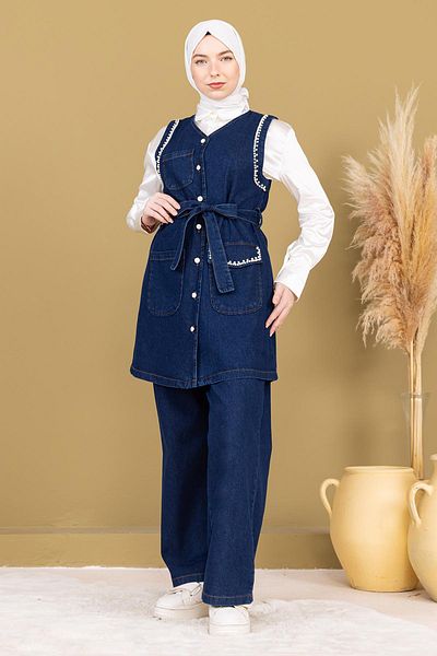 Modamihram Double Denim Suit - Dark Blue with Pearl Detail 19245