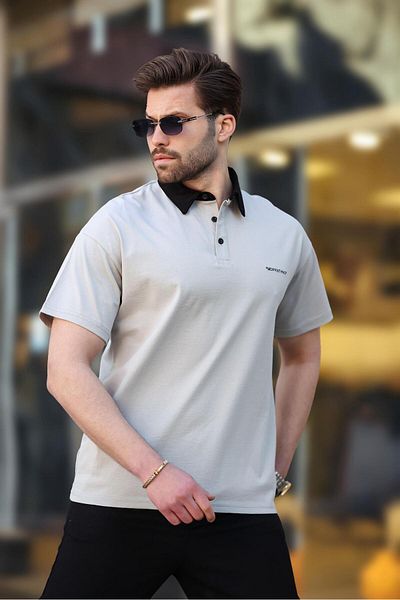 Madmext Ανδρικό μπλουζάκι με γκρι κουμπιά Polo Neck E7119