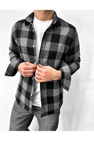 King Brothers Ανδρικό πουκάμισο ξυλοκόπο Slim Fit Slim Fit Μαύρο και άσπρο καρό μακρυμάνικο