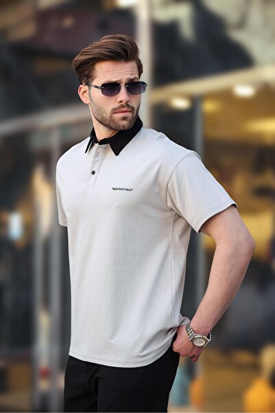 Madmext Painted Gray Buttoned Polo Neck Men's T-Shirt E7119