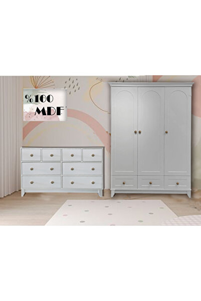 Koza Oslo %100 MDF Düz Desen 3 Kapılı Bebek & Çocuk Gardırop && Bonnie %100 MDF 8 Çekmeceli Şifonyer
