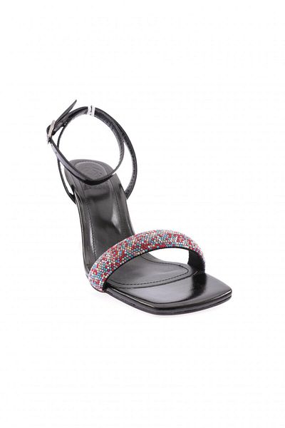 DGN 5161-23y Black Metallic Women's Heeled Shoes - Silver Stoned and Ankle Strap