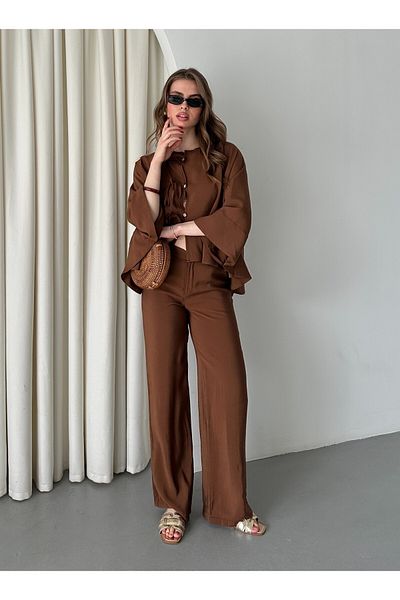 Laluvia Brown Bat Sleeve Lacing Button Detailed Suit - 9002