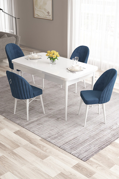 Roz Series 80x132 Mdf Openable White Silver Detailed Kitchen Table Set and 4 Navy Blue Chairs