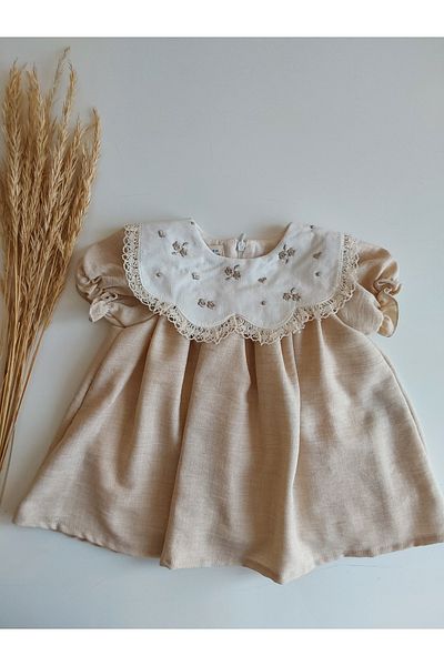 damdamin Baby Girls Floral Embroidery and Lace Trim Bib Collar & Short Balloon Sleeves Lined Zipper Dress