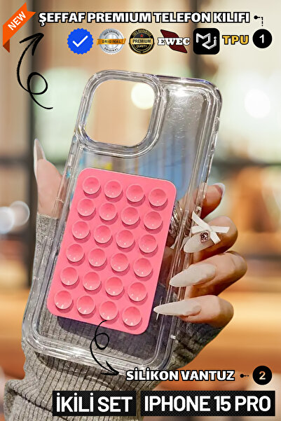 EWEC Set of Two | Transparent Premium Phone Case and Phone Holder Silicone Suction Cup Compatible with iPhone 15 Pro